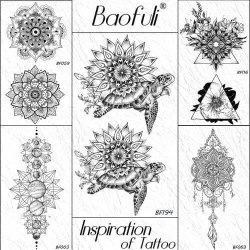 Baofuli Black Henna Arm Tattoo Turtle Mandala Flower Painting Temporary Tattoo Sticker Fake Tattoos Women Waterproof Tatoo Art