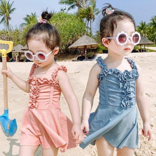 Summer new Childrens Suspenders lace pleated princess skirt Solid one piece swimsuit bathing suit swiming suit for kids girls