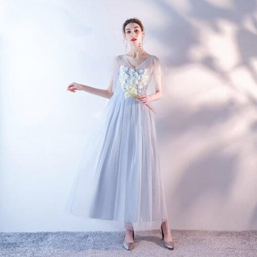Elegant Summer Gauze Backless Flowers Short Sleeve V-neck Embroidery Simple Long Blue Gray Party Dresses Women Vestidos