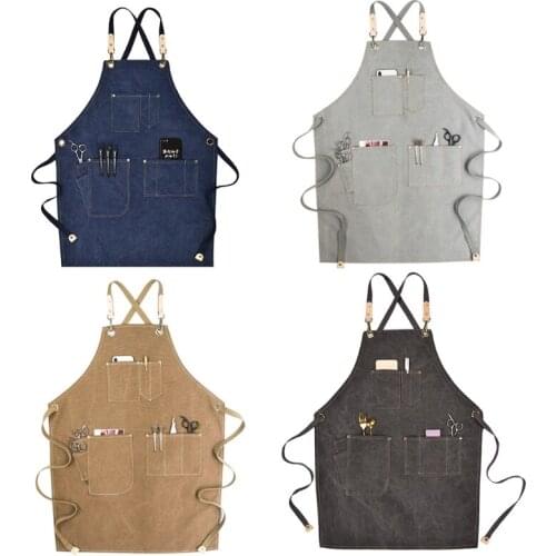 Chef Apron Cotton Canvas Cross Back Adjustable Apron with Pockets for Women and