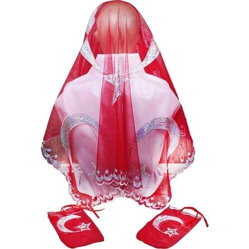 Red English Flag Crescent and Star Soldier Groom Henna Veil Henna Veil 2 Gloves Red Tulle Veil