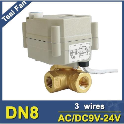 TF8-BH3-B Brass 1/4'' DN8 Horizontal 3 Way Electric Actuated Ball Valve T/L Type AC/DC 9V, 12V, 24V 3/7 Wires Metal Gear