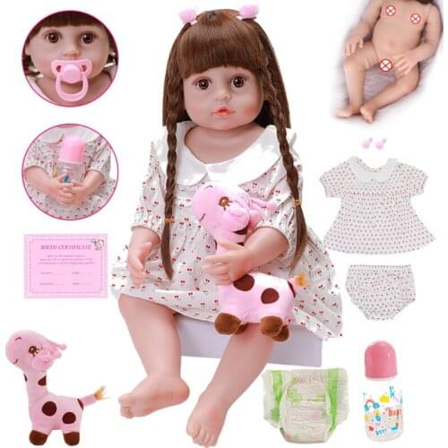 22inch 56cm Soft Vinyl Full Silicone Body White Skirt Reborn Baby Doll Cute Princess Straight Long Hair For Kids Christmas Gifts