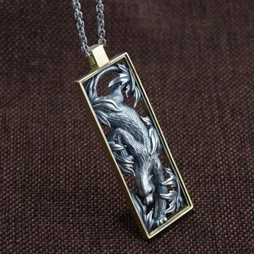 New solid s925 pure silver Man pendant three-dimensional engraved leopard copper frame rectangular Thai silver pendant