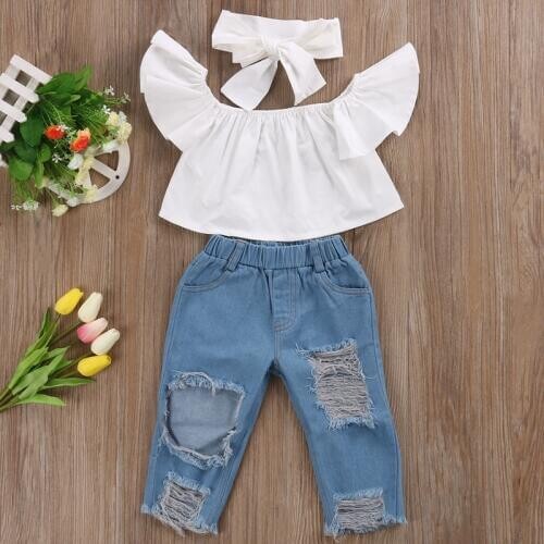 Summer Fashion Children Clothing Sets Broken Hole Pants Casual Toddler Girls Kid Off Shoulder Tops Denim Pants Jeans Outfits