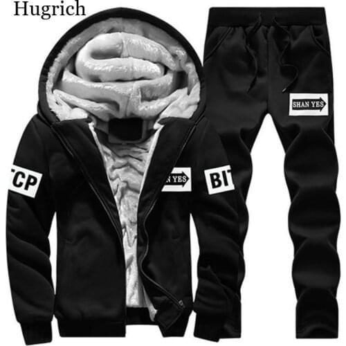 Inner Fur Mens Tracksuits Winter Men Set Warm Hoodies Suit Casual Fleece Lined Sweatshirts Men 2 Piece Set Sportswear