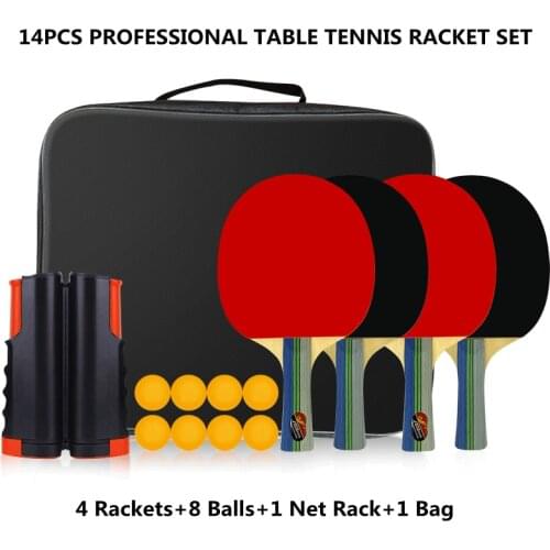 Professional 14 Pcs Table Tennis Racket Set 2 Pair Rackets 8 Balls Portable Table Tennis Net Rack Ping Pong Sports Exercise Set