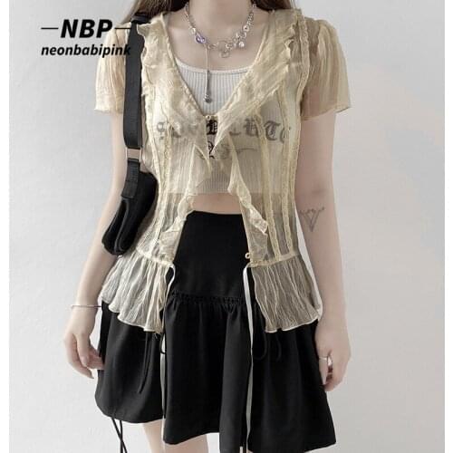 NEONBABIPINK Y2k Fairy Grunge Lace Trim Mesh Top See Through Short Sleeve Shirts Blouse Cardigan 90s Aesthetic Clothes N67-DA10