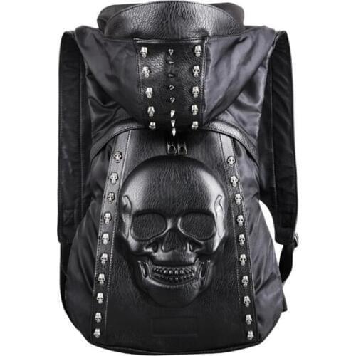 New 2021 Fashion Personality 3D Skull Leather Backpack Rivets Skull Backpack With Hood Cap Apparel Bag Cross Bags Hiphop Man