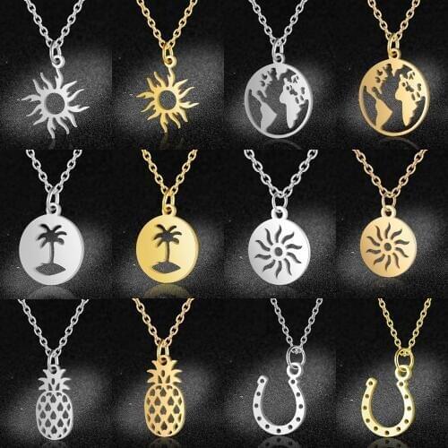 World Map Sun Charm Necklace Wholesale 100% Stainless Steel Pineapple Palm Tree Star Horseshoe Jewelry Necklaces Dropshipping
