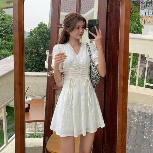 Bubble Short-sleeved Dress Female Summer New French First Love White Short Skirt Waist Was Thin and Temperament Short Skirt