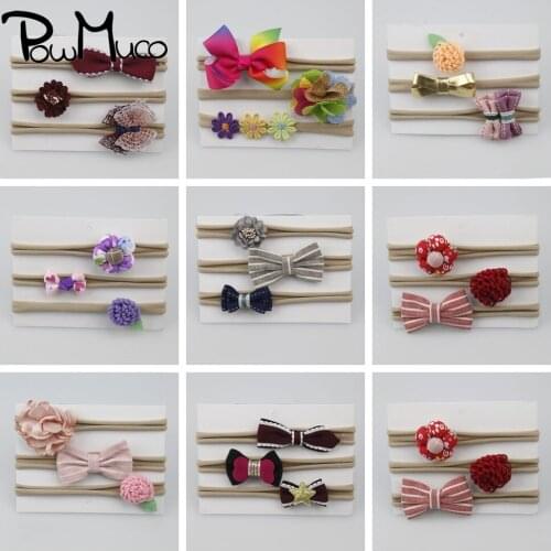 Powmuco 3pcs/lot Lovely Mini Bowknot Nylon Headband Artificial Flowers Baby Girls Hairband Printed Bows Headwear Photo Props
