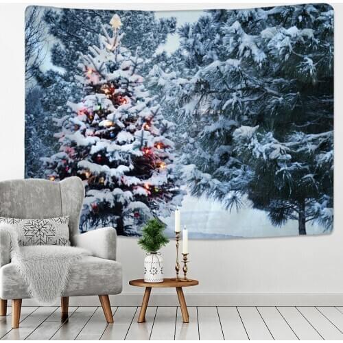 Xmas Tapestry Home Wall Hanging Polyester Snow Scene Christmas Tree Pattern Blanket Home Decoration Gift