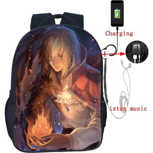 Princess Mononoke Howls Moving Castle USB Charge Backpacks Boy Girl Beautiful School Bags Men Women Laptop knapsack