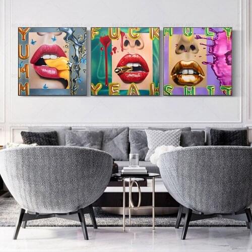 Sexy Lips with Bullet Liquid Paint Pop Art Paintings Wall Art Canvas Posters Red Golden Women Prints for Living Room Decoration
