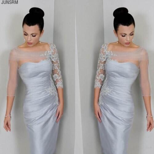 Silver Mother of the Bride Dresses Sheer Sleeves Bateau Neck Appliques Lace Satin Knee Length Short Formal Party Gowns Custom