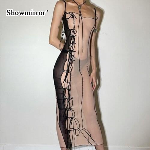 Showmirror 2021 Vestido Women Sleeveless Strap See-through Sexy Dress Summer Dresses Party Club Fashion Streetwear Y2k Outfits