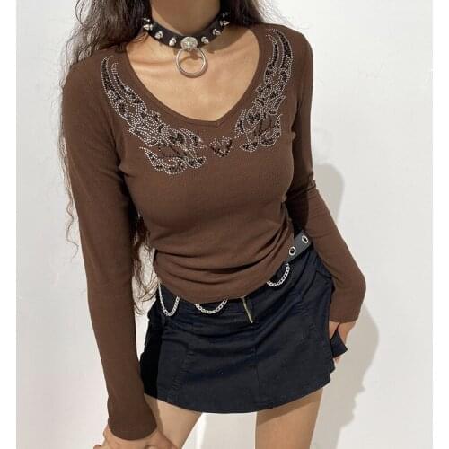 Rhinestone Wing Goth Woman Tshirts Dark Academic E Girl Black Techwear V Neck Long Sleeve Slim Knitted Autumn Tee Shirt Tops