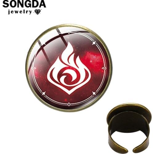 Genshin Impact Ring Game Cosplay Prop Eye of God Pattern Copper Metal Glass Surface Adjustable Open Rings Trinkets Women Jewelry