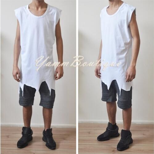 Asymmetric Hem Ripped Swag Distressed Cut Essential Extended Silky Long Tank Top Oval Hem Viscose Cotton 90cm