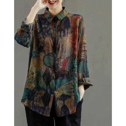 Vintage Printed Cotton Linen Women Shirts Loose Turn-Down Collar Long-Sleeved Casual All Match Female Outwear Coats Tops