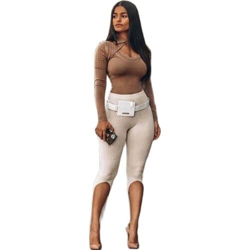XLLAIS Rib Fabric Tight Bodycon Tank Tops High Waist Clubwear Pants Two Piece Sets Women Sexy Cute Vests Brown Stretchy Outfits