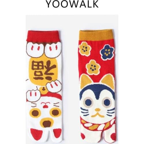 YOOWALK New Year red socks plutus cat two toe socks Japanese cartoon cloven MM two toe socks clogs tabi socks
