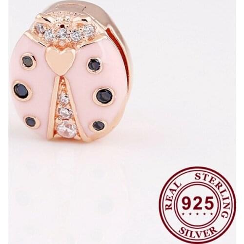 100% 925 Sterling Silver Bead Rose Gold Ladybug Clip Fit Pandora Women Bracelet & Necklace Diy Jewelry