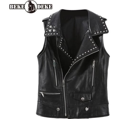 2021 Womens New Elegant Genuine Leather Korean Style High Street Turn-Down Collar Zippers Rivet Fashion Biker Vest Jackets