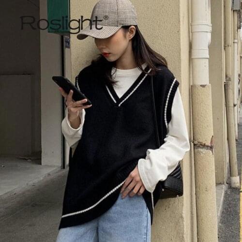 Sweater Vest Women V-neck Solid Korean Style Loose Knitted Sweater Leisure College Sleeveless Sweaters Female Vintage Vest