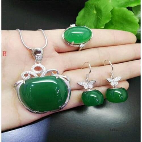 Natural Silver Inlay Green Yellow Apple Pendant Female Ring Earrings Autumn and Winter Jewelry set