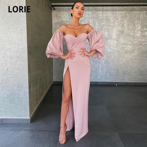 LORIE Simple Dusty Pink Satin Prom Gowns Long Plus Size Off the Shoulder Formal Evening Dresses with High Split 2020 Party Dress