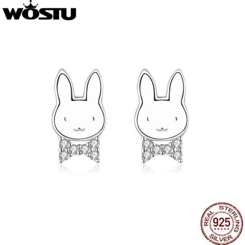 WOSTU 925 Sterling Silver Animals rabbit Stud Earrings For Women Girls Female For Women Bridal wedding Silver Jewelry