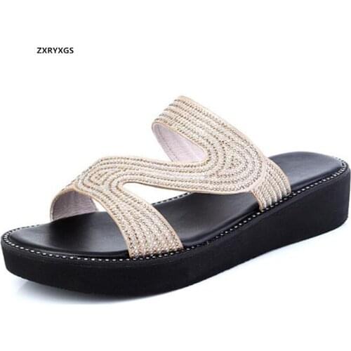 ZXRYXGS 2021 New Frosted Cowhide Pearl Rhinestone Sandals Women Slippers Wear Thick-soled Large Size Summer Shoes Trendy Sandals