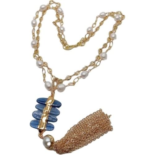 2 Rows white freshwater Pearl Gold color Plated Chain Necklace Blue Kyanite Tassel Pendant 18" sweater chain necklace for women