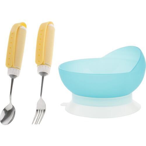 3pcs Silicone Gel Stainless Steel Anti Slip Strap Arthritis Assist Parkinsons Elderly Utensil Eating Aids Spoon Fork Bowl Kit