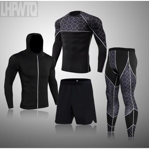 4-PCS Mens Sportswear Tracksuit Gym Fitness Clothes Sports Running Jogging Training Exercise Workout Compression Tight Suit