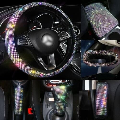 Sparkly Bling Diamond Auto Accessories Steering Wheel Cover for Women Rhinestone Shoulder Pad Velvet Protector