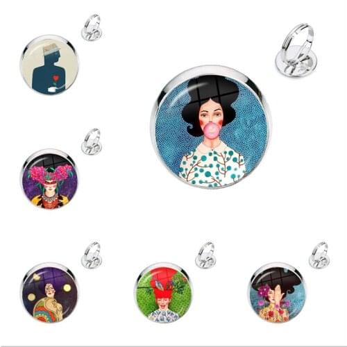 New Fashion Art abstract painting Girls Glass Cabochon Ring Long Hair Gilrs Rings For Women Men Birthday Jewelry Gift