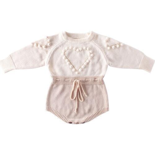 Autumn Baby Girl Pompom Jumpsuits Cotton Heart Rompers Handmade Knitted Infant Toddle Onesies 6-18M