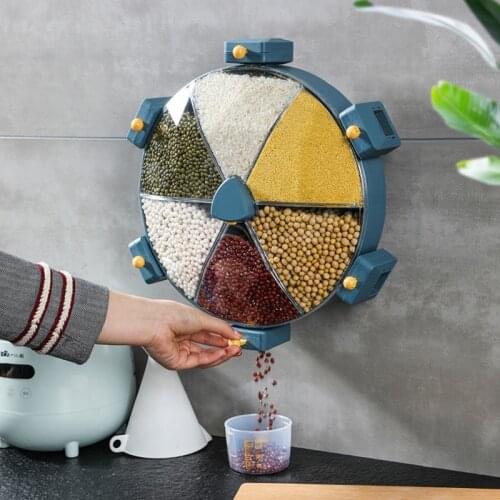 8.5L Rotate Wall Mounted Storage Containers Cereals Dry Food Rice Dispenser Holder Plastic Divided Cells Kitchen Organizer