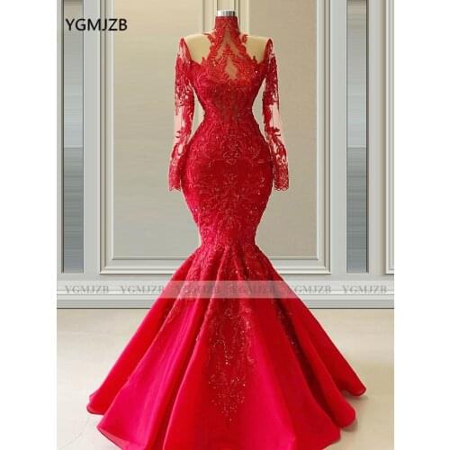 Red Evening Dresses 2021 Mermaid High Neck Long Sleeves Beads Lace Girls Women Formal Prom Party Gowns Custom Made