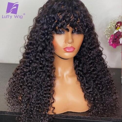 Kinky Curly Wig Human Hair Brazilian Remy Hair Machine Made Scalp Top Wigs With Bangs Glueless For Black Women Luffywig