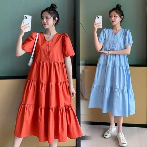 57103# Maternity Clothes Summer Cotton V Neck Short Sleeves Loose Stylish Dress Pregnant Women Pregnancy Clothes