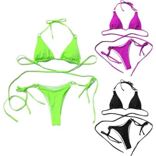 Summer Sexy Women Push Up Bikini Set Solid Color Low-cut Ladies Beach Swimsuits Swimwear V-neck Biquini Suit