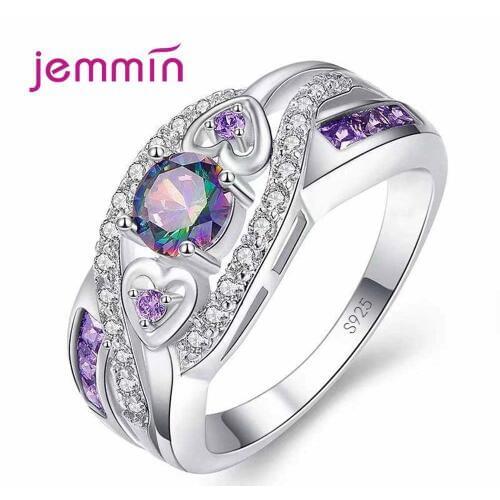 Hot Sale Shining 925 Sterling Silver Band Rings 5A Rainbow Mystic Cubic Zircon Heart True Love Wedding Jewelry Gifts Big Size