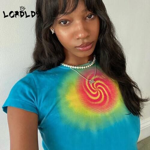 LORDLDS Blue Short Sleeve Graphic Tees Streetwear Aesthetic Women Crop Tops 90s Summer Paisley Prin Tshirts