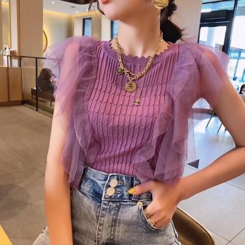 Chic Women Sleeveless T-shirt Patched Ruffles Mesh Tank Tops O-neck Elegant Sexy Solid Casual Slim Camisoles Tees