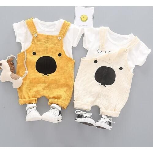 Fashion Summer Children linen Baby Boy Girl Clothes Cartoon bear T-shirt Bib Shorts 2Pcs/sets Infant Kids Toddler Tracksuits set