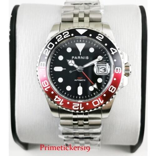 Fashional New PARNIS Brand 40mm Automatic Men Wristwatch GMT Model Sapphire Glass Black Red Bezel Jubilee Strap